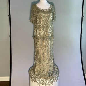 Silken Poetry Sage Green XL 2 Piece Mother of the Bride Dress Crocheted Beaded